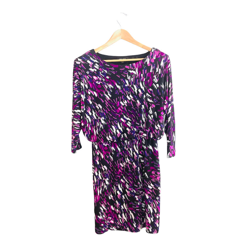 🍀Nine West Women’s Sz 8 Black Purple Pink Brushstroke Dolman Sleeve Dress